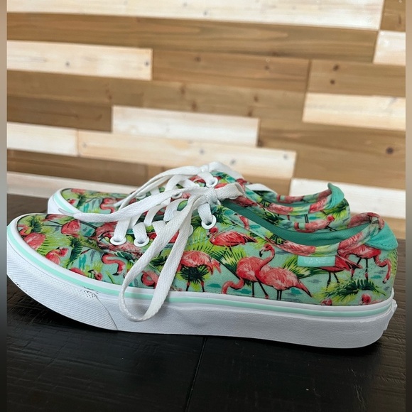 Vans Off The Wall Sneakers Womens Size 7 Green Tropical Flamingo Lace Up Shoes - Picture 3 of 10